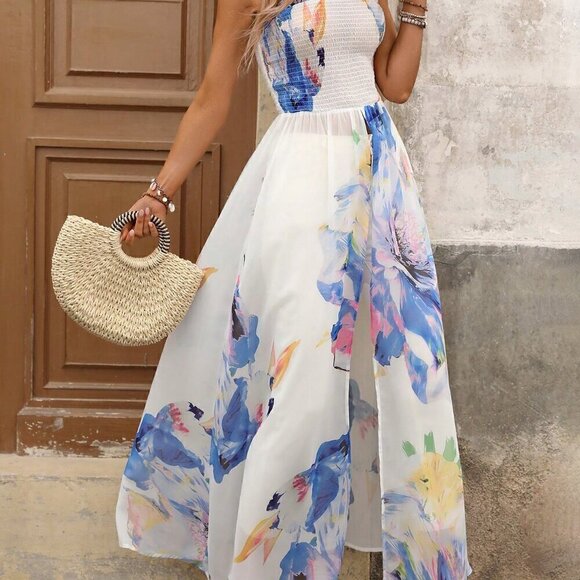 Blue Boho Women's Floral Print Frill Hem Bandeau Top With Slit - Picture 6 of 6